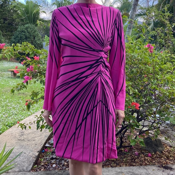 Vintage Pink Black Stripe Long Trumpet Boat Neck Sleeve Knee Length Dress! - Picture 4 of 12